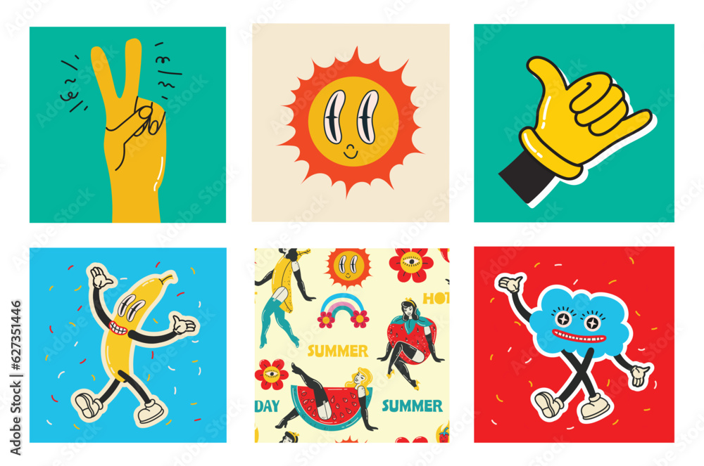 Naklejka premium 70's groovy square posters, cards or stickers. Retro print with hippie cute colorful funky character concepts of crazy geometric, dripping emoticon. Only good vibes sentence