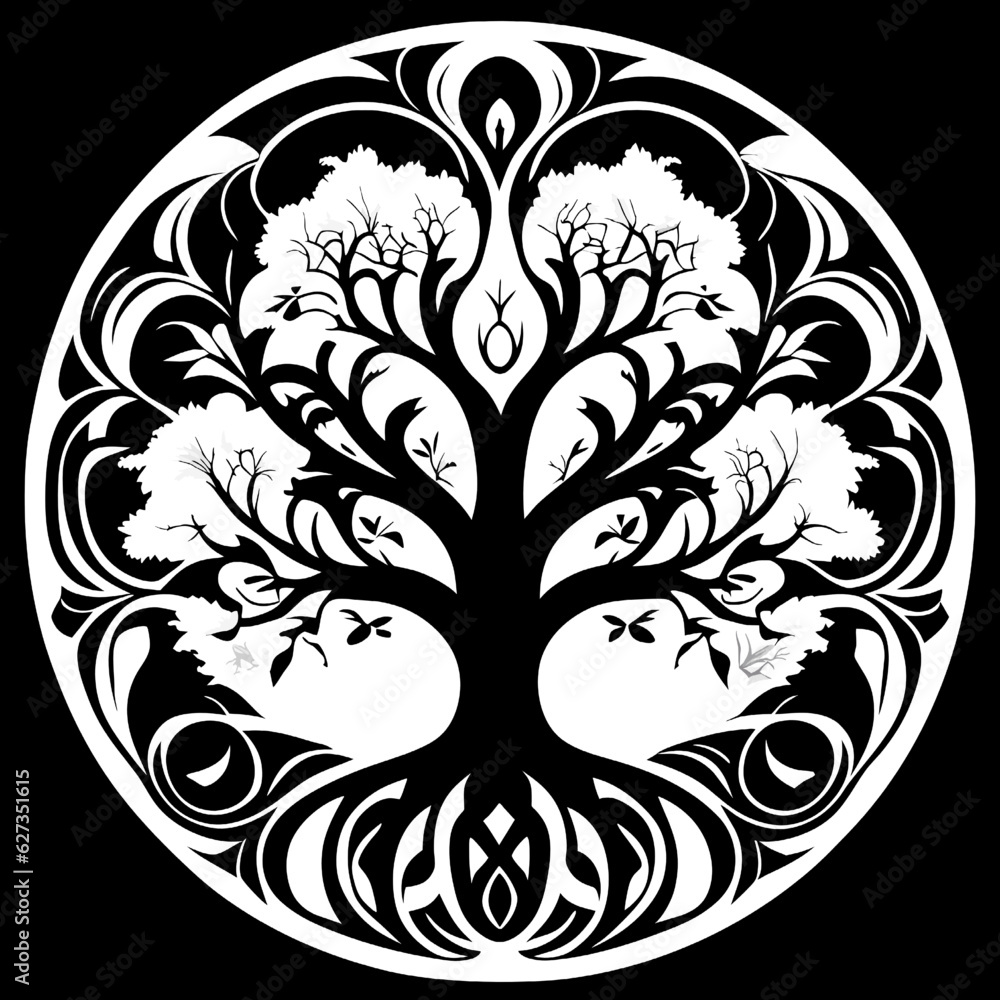 Black and white vector illustration of a stylized tree in a circle Black and white vector illustration of a stylized tree in a circle