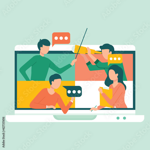 People at video conference on laptop monitor. Online meeting, work form home. Man and woman characters on screen. Students connect, study or meet online via teleconferencing, webinar or business class