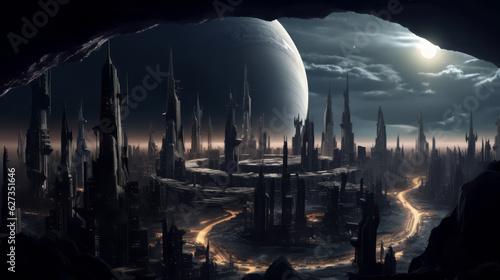Fantasy world cityscape showing dark towers and futuristic architecture in a high-tech alien skyline.