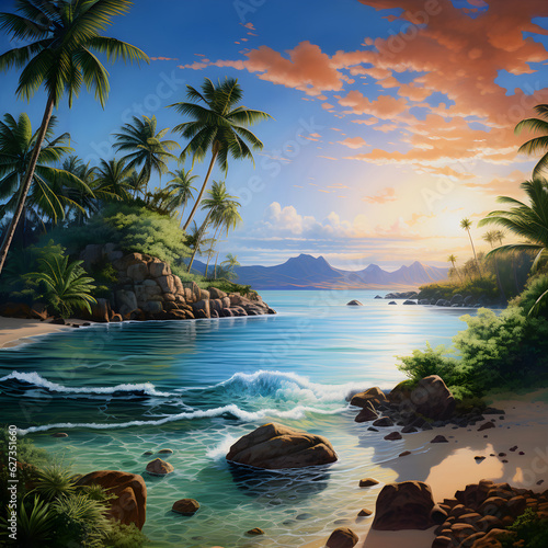 A beautiful view of the sunset on a beach screen with coconut trees. Generated Ai