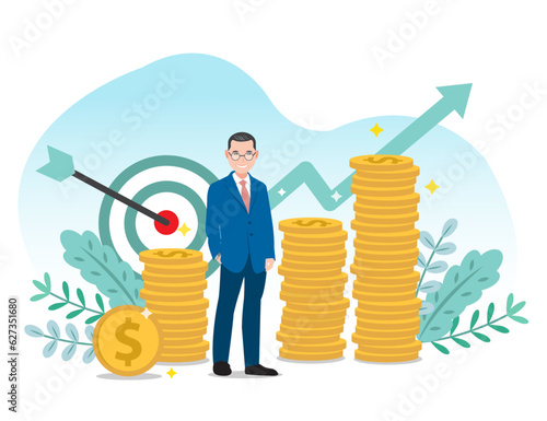 Happy senior pensioner businessman standing on pile of money golden dollar coins stack, dart and arrow vector. Happy wealthy retirement, financial wealth, pension deductions, savings.