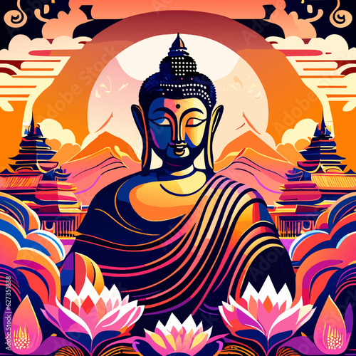 Buddha statue with lotus flowers in the background. Vector illustration.
