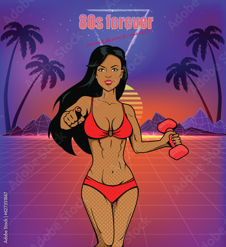 Fitness woman. Vector illustration. A fitness workout with dumbbells enhances strength and muscle definition The bodybuilder pose demonstrates their dedication to fitness and bodybuilding Building