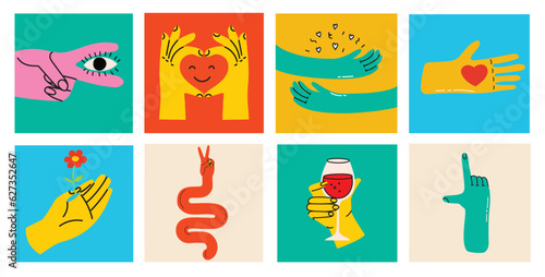 Groovy hippie set of colorful hands with different gestures. Hands with heart, eyes, together hands and etc. Hand drawn vector illustration.