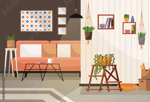 Home office. Interior vector illustration. Work from home. Workspace in living room Modern and contemporary designs Office welcoming reception area for clients Interior designer incorporated natural