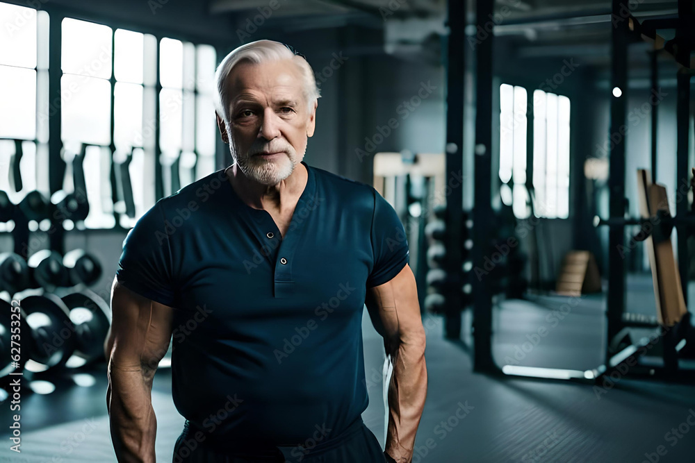 A old man with a beard stands in a gym with a large white beard. A old man with a beard stands in a gym with a large white beard.