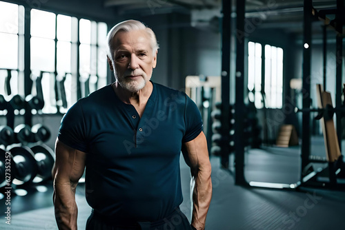 A old man with a beard stands in a gym with a large white beard.