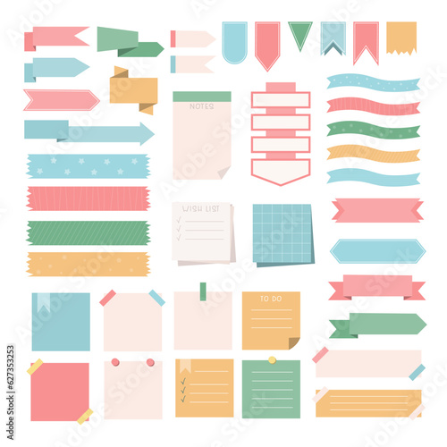 Notes Sheets and Stickers Collection. Scrapbooking Design Elements. Ribbons, Reminders and Bookmarks Set.