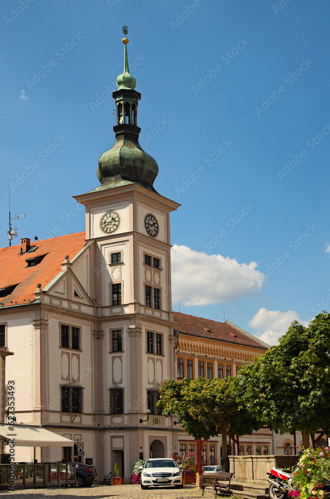 Picturesque landscape view of town hall with clock in the city center of Loket, Bohemia, Sokolov, Karlovarsky Region, Czech Republic. Travel and tourism concept