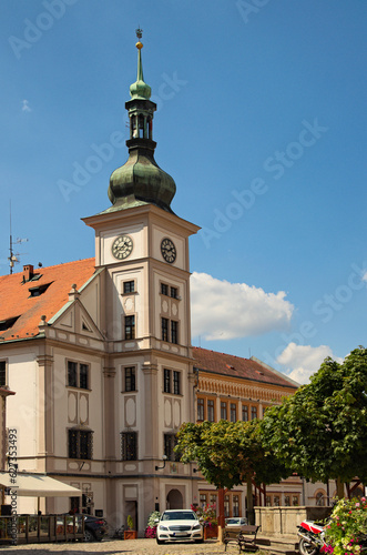 Picturesque landscape view of town hall with clock in the city center of Loket  Bohemia  Sokolov  Karlovarsky Region  Czech Republic. Travel and tourism concept