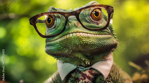scale wildlife portrait lizard animal iguana green reptile glasses close-up. Generative AI.