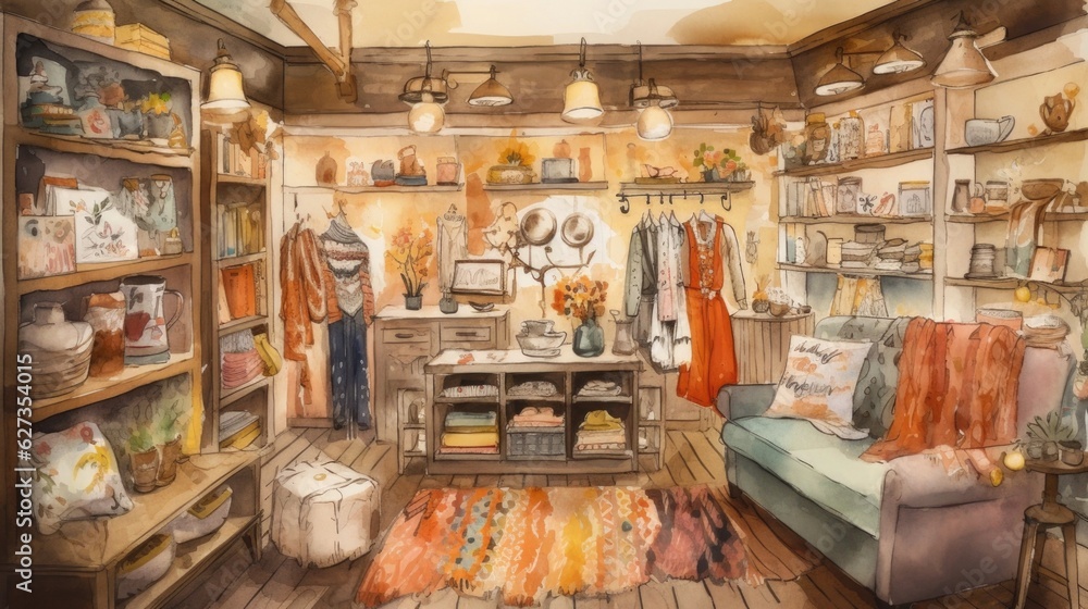 Costume store with warm and inviting earthy tones. Generative AI.