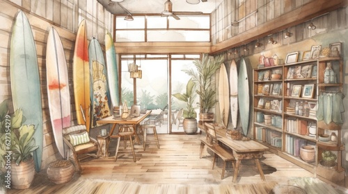 Surf shop with warm and inviting earthy tones. Generative AI.