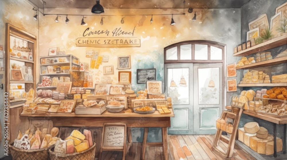 Cheese store with warm and inviting earthy tones. Generative AI.