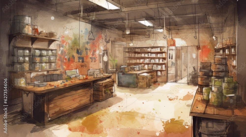Paintball store with warm and inviting earthy tones. Generative AI.