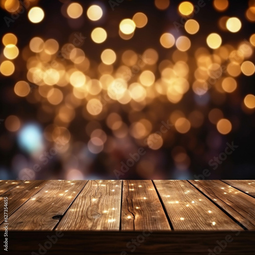 Christmas table blurred lights background wood ,Ai generated art illustration.