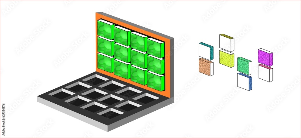 A conceptual laptop like box with green small squares isolated on white background A conceptual laptop like box with green small squares isolated on white background