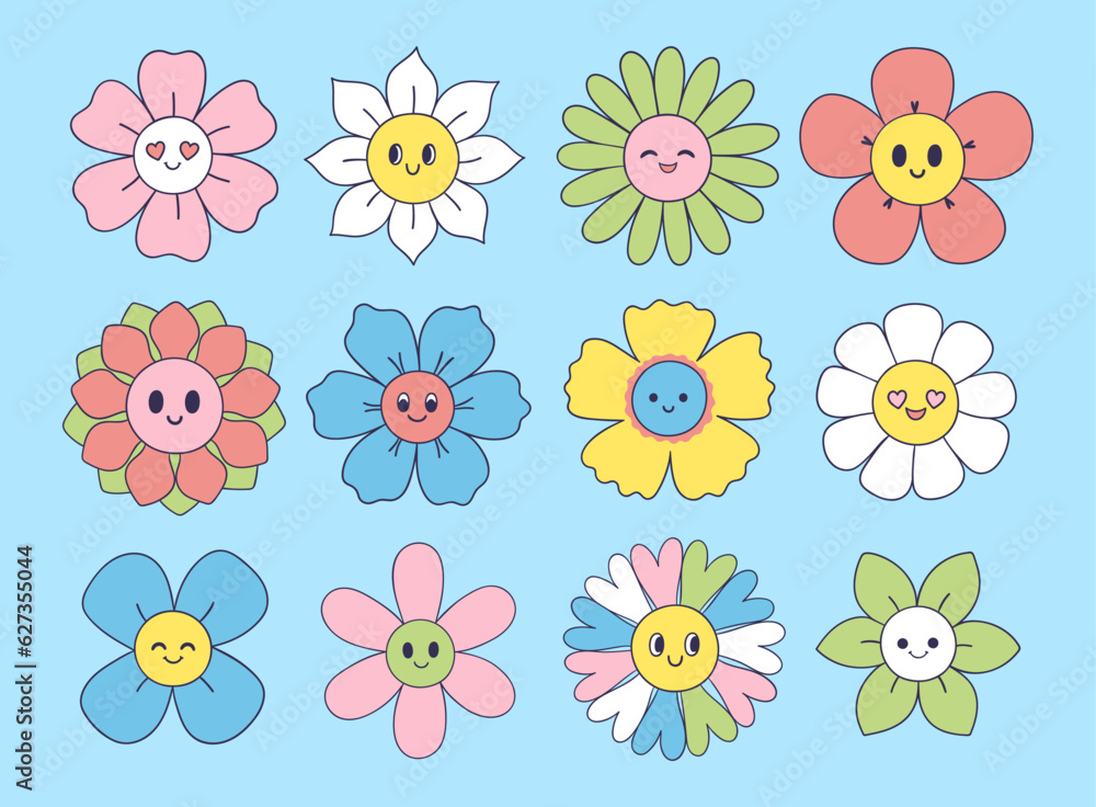 Collection of cute smiling flowers in different shapes and colors. Vector graphics.