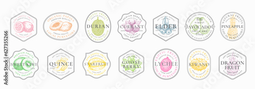 Fruits Frame Badges Logo Templates Collection. Hand Drawn Fruits and Berries Sketch with Retro Typography in a Vintage Frames. Vegan Food Concept Emblems Set Isolated
