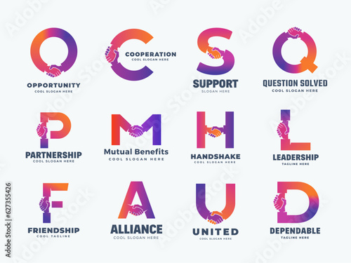 Handshake Letters Abstract Vector Logo Templates Set. A Collection of Hand Shake Icon Incorporated in Letters Cooperation and Friendship Concepts Isolated