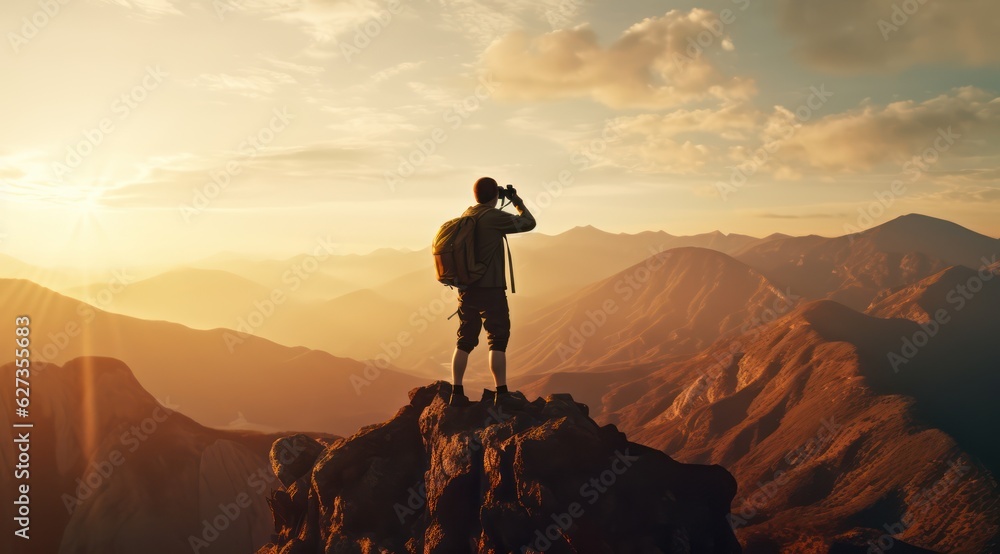 Silhouette of man holding binoculars on mountain peak against bright sunlight sky background. 