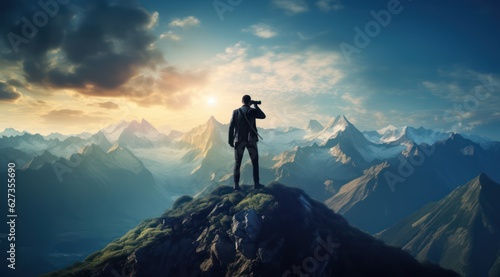 Silhouette of man holding binoculars on mountain peak against bright sunlight sky background. 