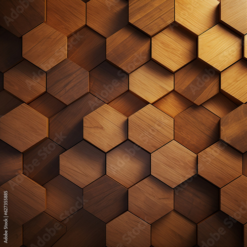 Fototapete Geometric fall made from wooden Hexagon 3d. Front View