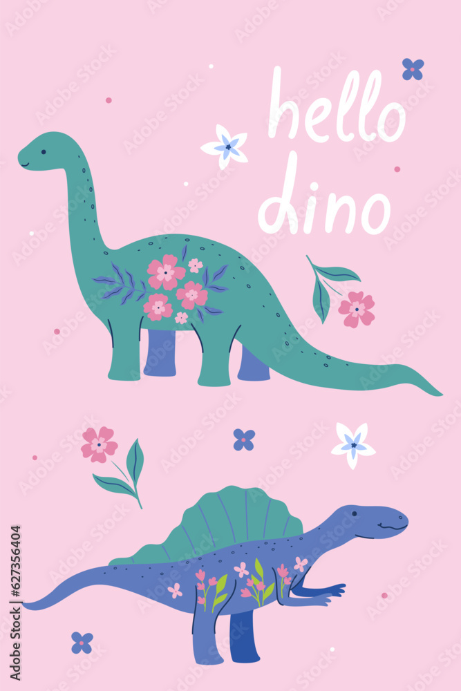 Poster with cute dinosaurs, leaves and flowers. Vector graphics.