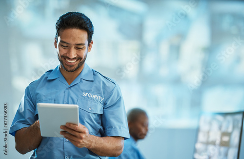 Tableau sur toile Happy asian man, security guard and tablet for surveillance, research or browsing at the office