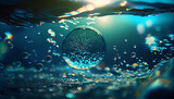 Water surface texture with bubbles and splashes that is defocused blurring transparent blue in color. Trendy abstract background of nature. The sea ripples in the sunlight Ai generated image