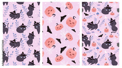 Set of seamless vector patterns - halloween cute cats and pumpkin, wallpaper, packaging, leaves, bat, kawaii 