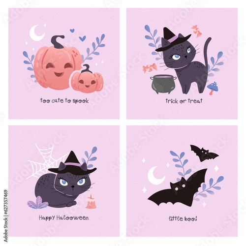 Purple vactor simle cards for Halloween Party - Black Cats with witch hats, cute pumpkins, leaves. Baby and kids illustrations