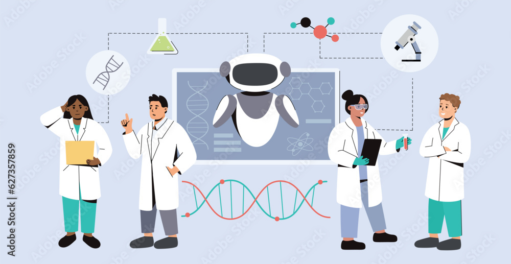 Flat team of scientists using AI in medicine. Artificial intelligence in medical science research. Futuristic tech in healthcare. Doctors using innovative technologies in lab for diagnosis, treatment.