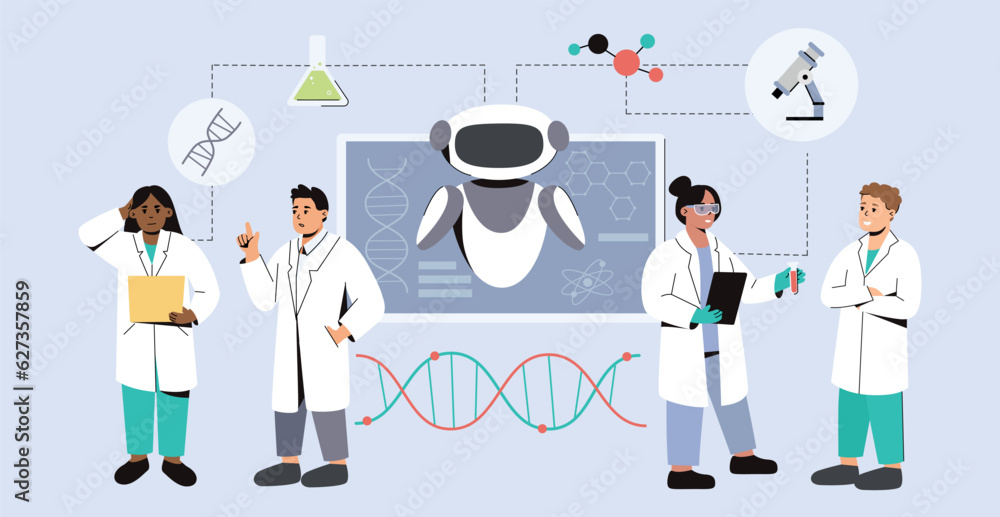 Flat team of scientists using AI in medicine. Artificial intelligence in medical science research. Futuristic tech in healthcare. Doctors using innovative technologies in lab for diagnosis, treatment. Flat team of scientists using AI in medicine. Artificial intelligence in medical science research. Futuristic tech in healthcare. Doctors using innovative technologies in lab for diagnosis, treatment.
