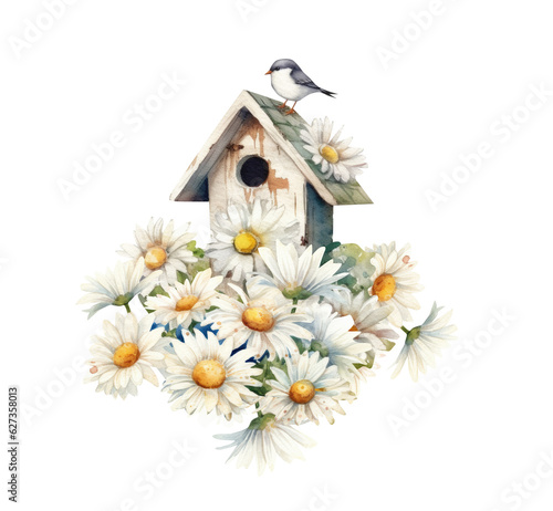 Watercolor daisy flowers, bird house clipart, Generative AI, png image.  © ArtMaslyana