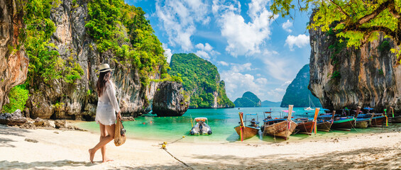 Traveler woman on vacation beach joy nature panorama view scenic landscape island Krabi, Attraction famous popular place tourist travel Phuket Thailand summer holiday trips, Beautiful destination Asia