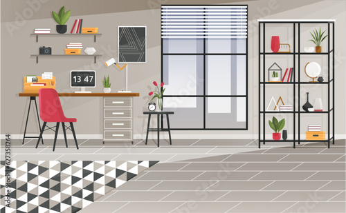 Home office interior. Vector illustration. Working at home, coworking space Working at home office Creative office desktop workspace Empty workplace, Desk chair computer workspace office No people