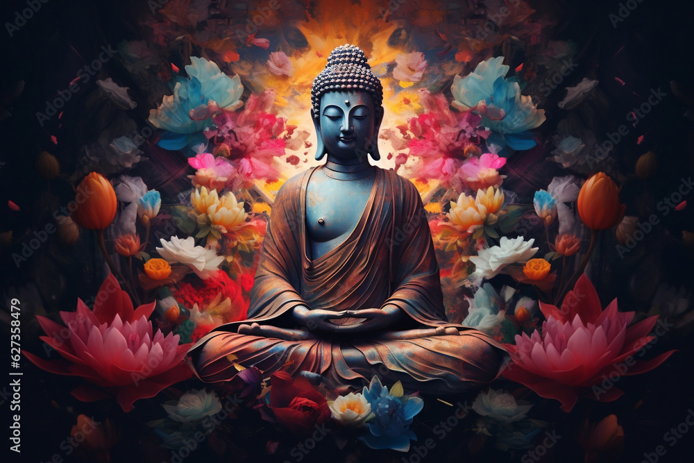 buddha in yoga with colorful mandala painting on the black background - obrazy, fototapety, plakaty 