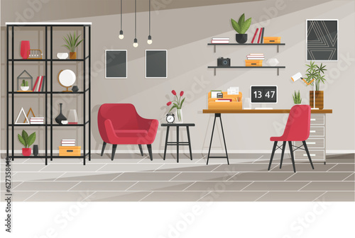 Home office interior. Vector illustration. Modern workplace cabinet room Office workplace scene Office workplace interior design banner Home office concept Empty working place with furniture