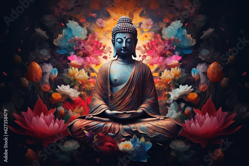buddha in yoga with colorful mandala painting on the black background © IgnacioJulian