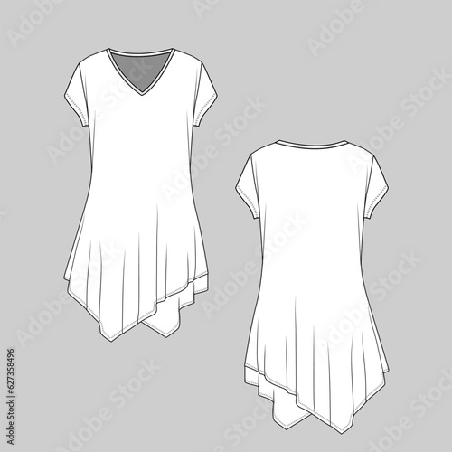 Women Asymmetric Casual T-Shirt Dress V Neck Short Sleeve Fashion Flat Sketch technical Drawing Template  Design Vector