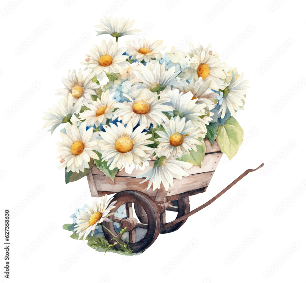 Watercolor daisy flowers in a wheelbarrow clipart, Generative AI, png image.	
