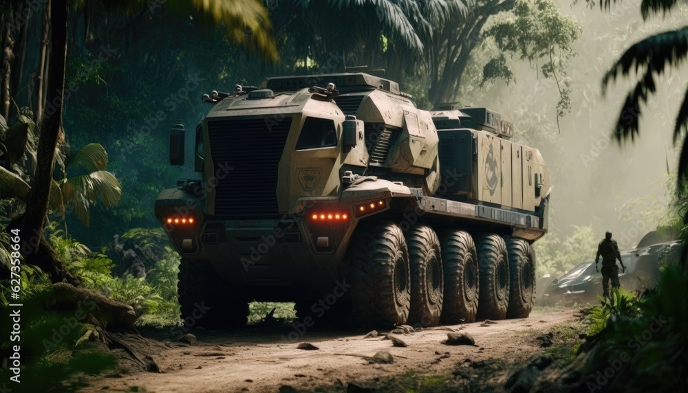 Fototapeta premium Military training on the battlefield with armored vehicles drives on forest road. Army war concept.