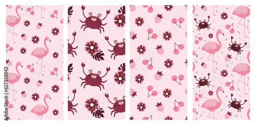 Set of seamless pattern tropical pattern, flamingo and crabs, vectro illustrations, pink design, fruits, floral, strawberry, summer icecream