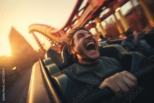Stunned enthusiastic happy funny shocked amazed wonder screaming yelling male guy open mouth wide scream shout yell joyful young man riding rollercoaster amusement park amazing attraction fun holiday photo