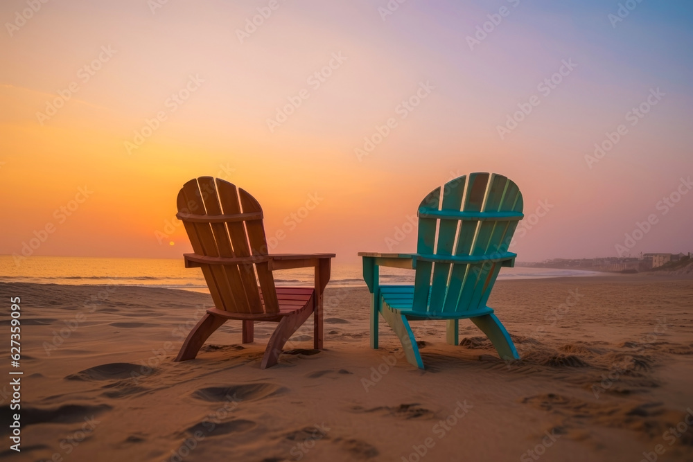 Two chairs on the beach at sunrise or sunset time with copy space. Travel content. Generative AI.