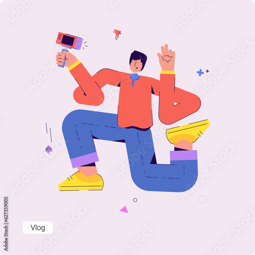 Set of conceptual vector business illustrations of a blogging. Trendy flat vector illustration of the man with selfie stick records vlog