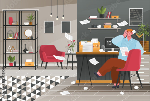 Home office interior. Vector illustration. Office employee miss deadline Freelancing comfortable work in home Working in home office, co-working space or remotely at home, freelance, self-employment