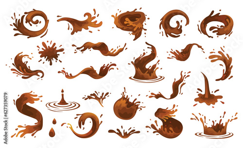 Coffee splash. Vector illustration. Coffee splash in brown colour. Cola or tea isolated on white background. Chocolate corona splash. Realistic set of liquid waves of falling and flowing brown drink